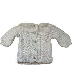 Handmade Cable Knit Baby Sweater Cardigan White Blue Buttons Newborn 0-3M EUC